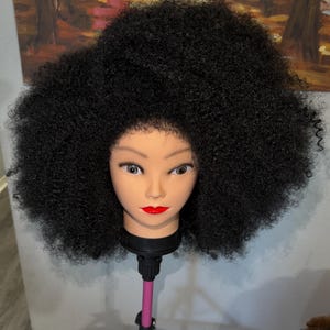 Könnte beinhalten: Ein Schaufensterpuppenkopf mit einer großen, voluminösen schwarzen Afro-Frisur. Die Puppe hat helle Haut, definierte Augenbrauen, graue Augen und leuchtend rote Lippen. Sie ist auf einem verstellbaren rosa Ständer mit schwarzem Fuß montiert.