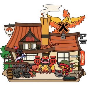 May include: A colorful illustration of a Japanese-style forge with cartoon characters. The building has a brown roof, and the characters are engaged in blacksmithing. A sign reads "Forge". A Pokemon ball is on a banner.