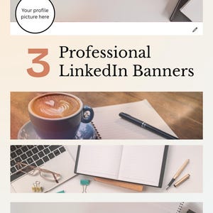 Puede incluir: Tres ejemplos de banners profesionales de LinkedIn con una taza de café, una computadora portátil con gafas y un cuaderno, y un cuaderno con un bolígrafo sobre una superficie blanca.
