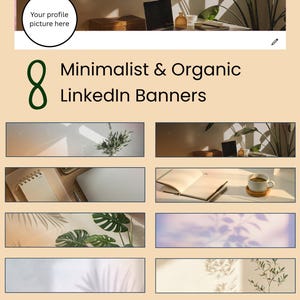 Op de afbeelding: Een digitale productlijst met acht minimalistische en organische LinkedIn banner templates. De afbeelding bevat een banner voorbeeld met een laptop, planten en een kopje koffie. Tekst bevat "Minimalist & Organic LinkedIn Banners" en "Instant digital download!"