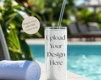 Poolside Tumbler Mockup: 20oz Skinny, Tropical Design (Canva Template)