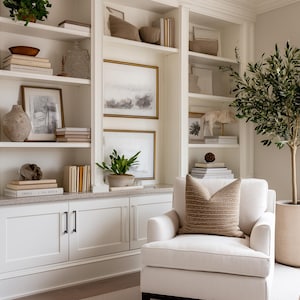 May include: A bright, airy living room with built-in white bookshelves, a white armchair, and a potted olive tree. The shelves are filled with books, decorative vases, and framed artwork. A gold wall sconce and a wooden side table add warmth.
