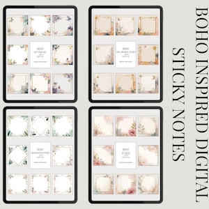 May include: Four digital tablets displaying Boho-inspired sticky notes. Each tablet shows a different design: butterflies, sun and moon, arrows and feathers, and floral. The text on the side reads "BOHO INSPIRED DIGITAL STICKY NOTES."