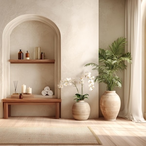 May include: A serene spa-like interior with neutral tones. Features include a wooden bench, a woven basket, and a rug. Decorative items like candles, towels, and plants in large vases add to the calming atmosphere. A large window with sheer curtains lets in natural light.