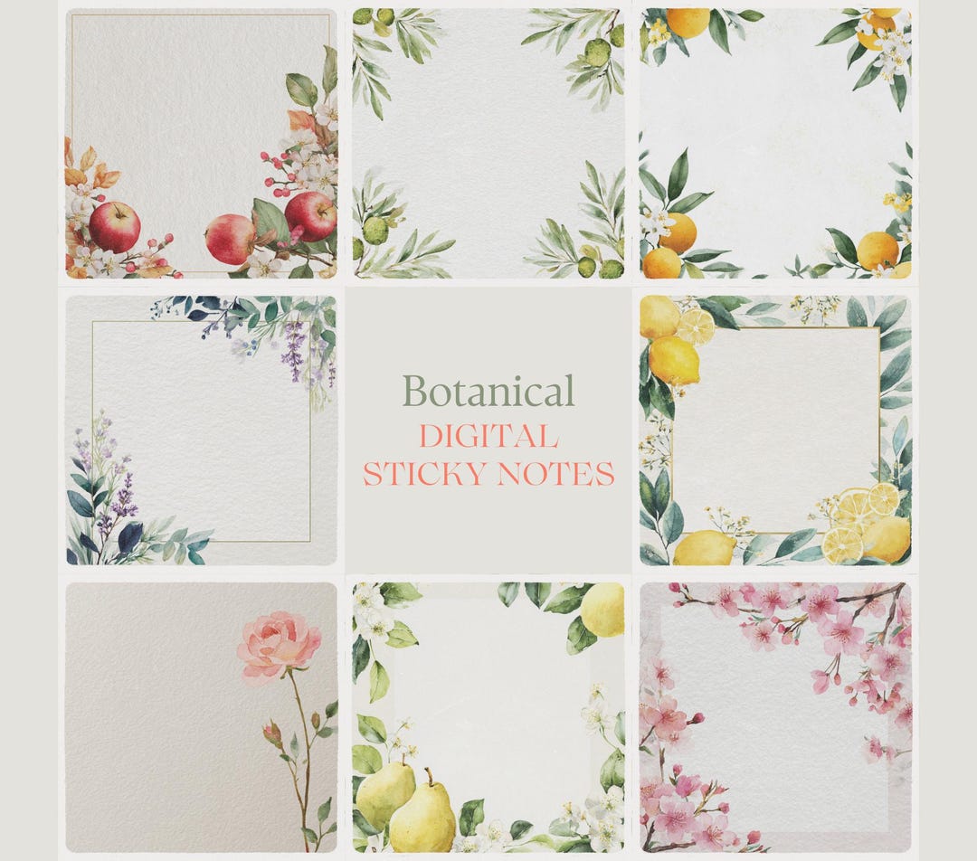 Watercolor Botanical Digital Sticky Notes, Lemons, Roses, Lavender, Etc ...