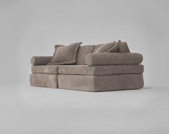 Mini sofá de veludo cotelê bege/taupe Montessori da SmolBuddy - sofá modular de espuma transformável para crianças e móveis para bebês