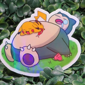 Snorlax & Pikachu Food Coma Sticker: Rainbow Holo Waterproof Vinyl