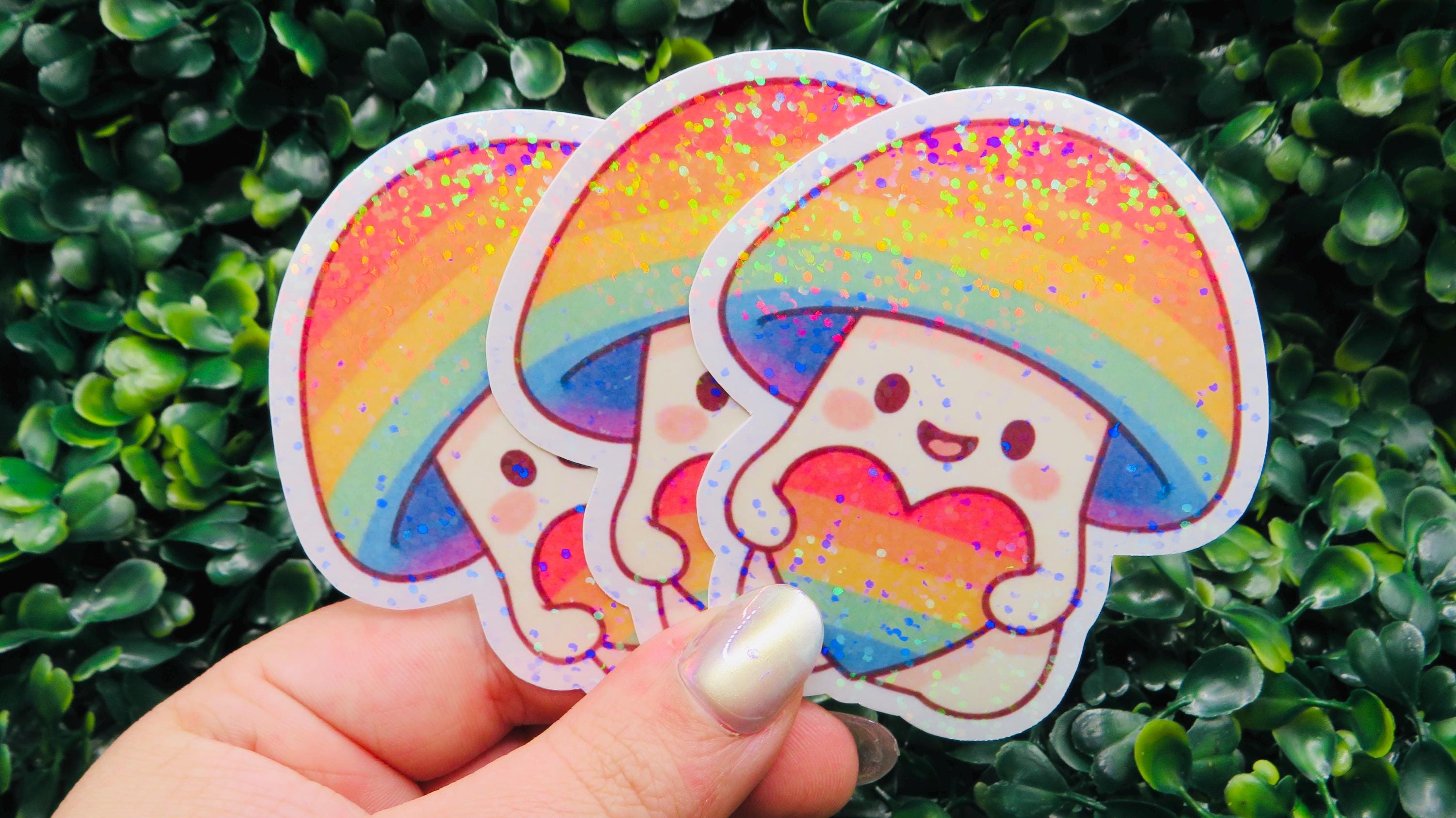 Pride Rainbow Mushroom Sticker: Glitter Holographic Vinyl LGBTQ+ Decal