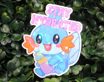 Holographic Mudkip Stay Hydrated Sticker – Sparkly Pokémon-Inspired Vinyl for Water Bottles & Laptops