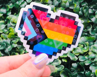 Holographic Pixel Pride Heart Sticker: LGBTQ+ Vinyl Decal