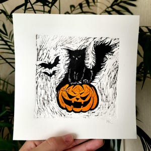 Halloween Linocut Original black cat and Pumpkin print, Handmade Bat Art Graphic Painting Linoprint, Linogravure Original Art, Gift Postcard