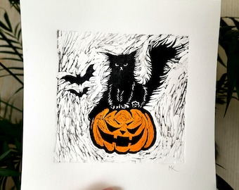 Halloween Linocut Original black cat and Pumpkin print, Handmade Bat Art Graphic Painting Linoprint, Linogravure Original Art, Gift Postcard