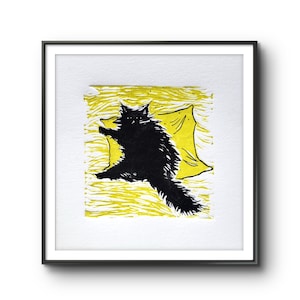 Original Handmade Color Linocut Cat Print, Graphic Painting Home Wall Decor, Linogravure Original Cat Art, Yellow Handprinted Linoprint Gift