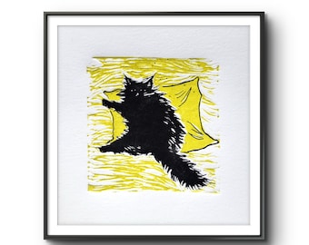 Impresión de gato en linóleo original hecha a mano, pintura gráfica para decoración de pared del hogar, arte de gato original en linóleo, regalo de linóleo impreso a mano en amarillo.
