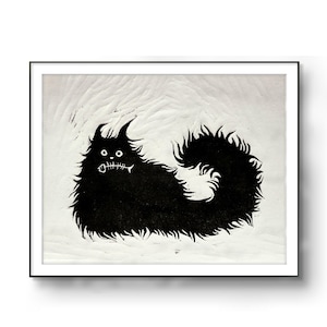 Impression originale de chat linogravure à la main, décoration murale de peinture graphique, linogravure graphique, art original de chat de linogravure, cadeau, imprimé à la main