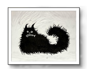 Impresión de gato en linóleo original hecha a mano, pintura gráfica para decoración de pared del hogar, impresión en linóleo gráfica, arte original de gato en linóleo, regalo, impresión a mano