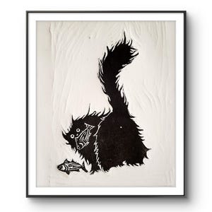 Original Handmade Linocut Cat Print, Graphic Painting Home Wall Decor, Graphics Linoprint, Linogravure Original Cat Art, Gift, Handprinted