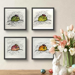 Easter Cute Green Frog Original Print Handmade Linocut, Graphic Painting Postcard Linoprint, Linogravure Frog with Flower Art Handprinted