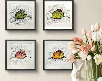 Ostern Frosch mit Blume Originaldruck Handgefertigter Linolschnitt, Grafische Malerei Postkarte Linoldruck, Linolgravüre Frosch mit Blumen Kunst Handbedruckt