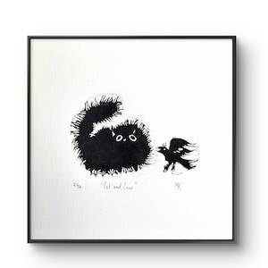 カラスプリントの小さなオリジナルリノカット猫、グラフィックハンドメイドペインティング、グラフィックリノプリント、リノグラビア黒猫カラスアート、ギフト、手刷り