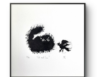 Kleine Original Linoldruck Katze mit Krähe, Grafik Linoldruck, Grafik Linoldruck Schwarze Katze Krähe Kunst, Geschenk, Handgedruckt