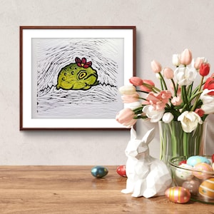 Impression originale de grenouille verte linogravure à la main, linogravure graphique de peinture, linogravure originale de grenouille avec l'art de fleur rose imprimé à la main