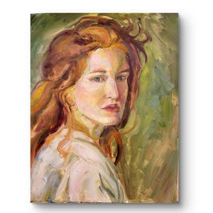 Pintura original de óleo sobre cartón para decoración de pared del hogar, obra de arte al óleo de niña con cabello rojo, regalo para ella, arte al óleo ucraniano, arte de retrato de niña roja