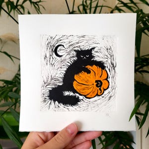 Halloween Linocut Original black cat and Pumpkin print, Handmade Bat Art Graphic Painting Linoprint, Linogravure Original Art, Gift Postcard