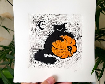 Halloween Linocut Original black cat and Pumpkin print, Handmade Bat Art Graphic Painting Linoprint, Linogravure Original Art, Gift Postcard