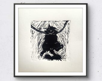 Impresión de gato en linóleo original en negro, tamaño pequeño, decoración de pared gráfica para el hogar, impresión en linóleo con gráficos, arte divertido de gatos en linóleo, regalo en linóleo impreso a mano.