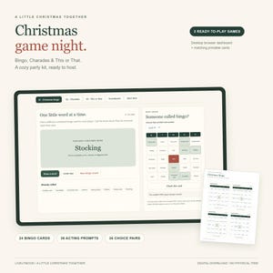 以下が含まれることがあります： ビンゴ、ジェスチャーゲーム、This or Thatのタブを備えたデスクトップブラウザダッシュボードを含むデジタルクリスマスゲームナイトキット。画面には、単語抽選機能とホストチェックセクションを備えたビンゴゲームインターフェースと、印刷可能なカードが表示されています。