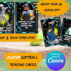 Personalisierte benutzerdefinierte Softball-Sammelkartenvorlage für den digitalen Download, vollständig bearbeitbar