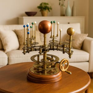 Brass Orrery Solar System Model – Steampunk Mechanical Planetarium Display – Rotating Planet Desk Decor – Handmade Cosmic Art for Office