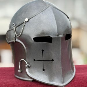 Grey Barbuta Helmet for Cosplay & LARP | Medieval Knight Warrior Armor | 18g Steel Visor Helmet for Halloween Costume And Display
