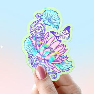 Lotus und Schmetterling Fantasy Illustration | Premium Sticker Wasserfest | Sammlerstück | Niedliche Pastelle funkeln Kiss Cut Aufkleber #1007