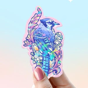 Pájaro azul con flores y gemas / Pegatina premium impermeable / Coleccionable / Lindos pasteles brillantes / Pegatina troquelada n.° 1014
