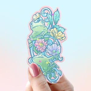 Ilustración de fantasía de ranas y flores / Pegatina premium impermeable / Coleccionable / Pasteles brillantes / Pegatina troquelada n.° 1005