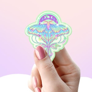 Papillon lunaire Phases de la mite lunaire avec fleurs et pierres précieuses | Sticker imperméable haut de gamme | Objets de collection | Paillettes pastel mignonnes | Sticker Découpe Baiser #1015