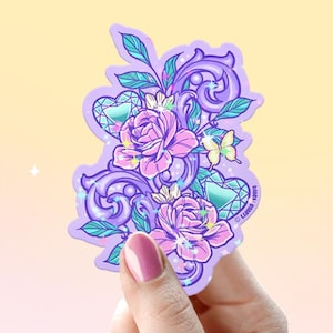 Fiore di lavanda e rose con gemme verdi / Adesivo premium impermeabile / Da collezione / Brillantini pastello carini / Adesivo fustellato n. 1003