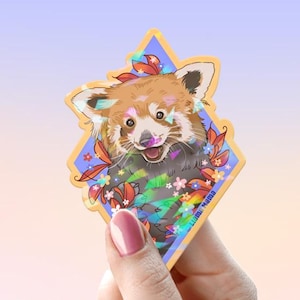 Joli panda roux avec des fleurs | Sticker imperméable haut de gamme | Objets de collection | Paillettes pastel mignonnes | Sticker Découpe Baiser #1021