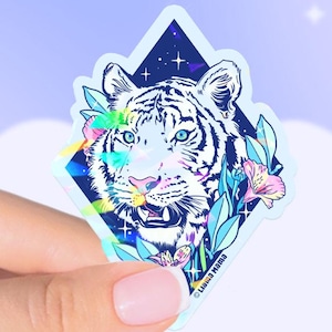 Tiger with Lilies in Blue | Vinyl Sticker Waterproof | Collectable | Pastels Sparkle | #1013