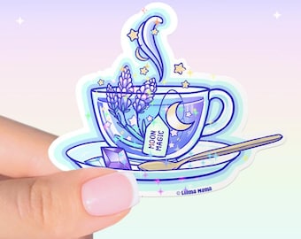 Lavender Moon Magic Tea w Stars | Vinyl Sticker Waterproof | Collectable | Tea Cup Series | Sticker #1053
