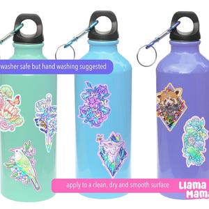 May include: Three reusable water bottles with colorful, whimsical stickers featuring animals, flowers, and other designs. The text "dishwasher safe but hand washing suggested" and "apply to a clean, dry and smooth surface" are printed on the bottles. The bottles are blue, green, and purple. The text "Liama Mama" is printed on the bottom of the purple bottle.