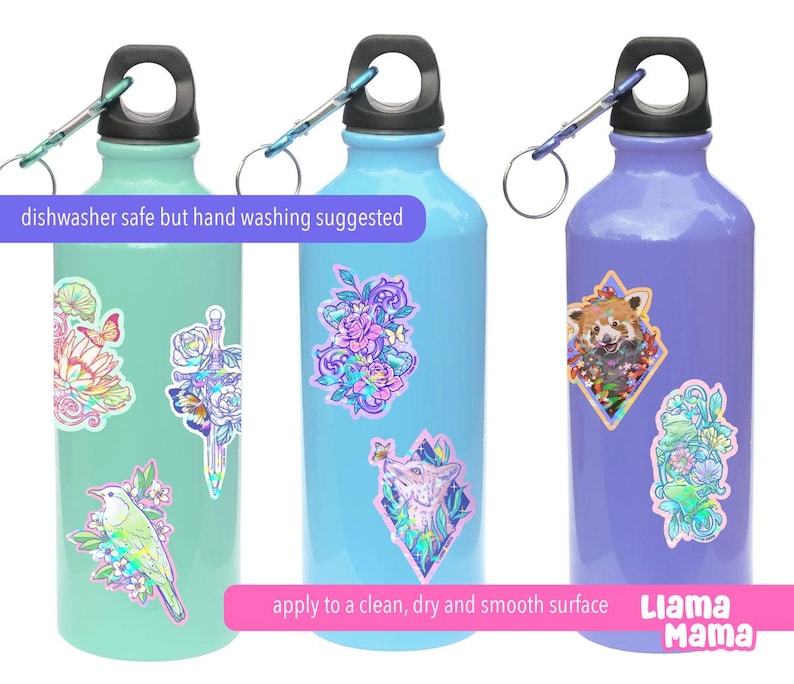 May include: Three reusable water bottles with colorful, whimsical stickers featuring animals, flowers, and other designs. The text "dishwasher safe but hand washing suggested" and "apply to a clean, dry and smooth surface" are printed on the bottles. The bottles are blue, green, and purple. The text "Liama Mama" is printed on the bottom of the purple bottle.