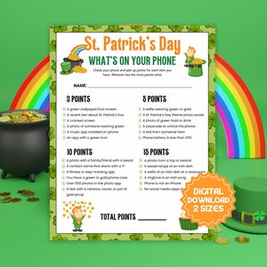 St. Patrick's Day Was ist auf Ihrem Telefon Spiel, Partyspiel für Erwachsene und Teenager, Telefon-Schnitzeljagd zum Ausdrucken, Irish IceBreaker Gruppenspiele, Kneipentour