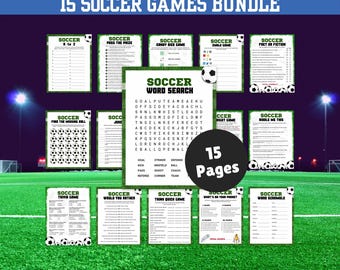 May include: A digital bundle of 15 printable soccer-themed activity pages featuring games like word search, trivia, and riddles. Each white page has green borders with soccer ball graphics and black text, presented against a dark stadium background.