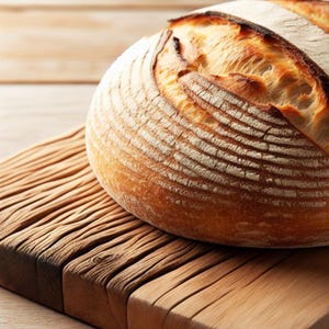 May include: A close-up of a freshly baked loaf of sourdough bread with a crispy crust and a deep golden brown color. The bread is sitting on a wooden cutting board with the text "BROTLIEBE" printed on the board.