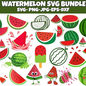 Pode incluir: Uma coleção de gráficos com tema de melancia, incluindo melancias inteiras, fatias e personagens de desenhos animados. Os designs apresentam cores vermelhas e verdes, com o texto "WATERMELON SVG BUNDLE" no topo. Formatos de arquivo: SVG, PNG, JPG, EPS, DXF.