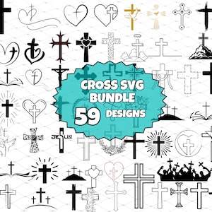 Puede incluir: Una colección de 59 diseños de cruces SVG en blanco y negro. Las cruces son de varios estilos, incluyendo simples, ornamentadas y con símbolos religiosos. Los diseños son perfectos para usar en manualidades, scrapbooking y proyectos digitales.