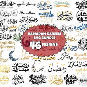 May include: A collection of 46 Ramadan Kareem SVG designs in various styles and colors. The designs feature Arabic calligraphy, crescent moons, and other Islamic symbols. The designs are perfect for creating greeting cards, invitations, social media posts, and other projects.